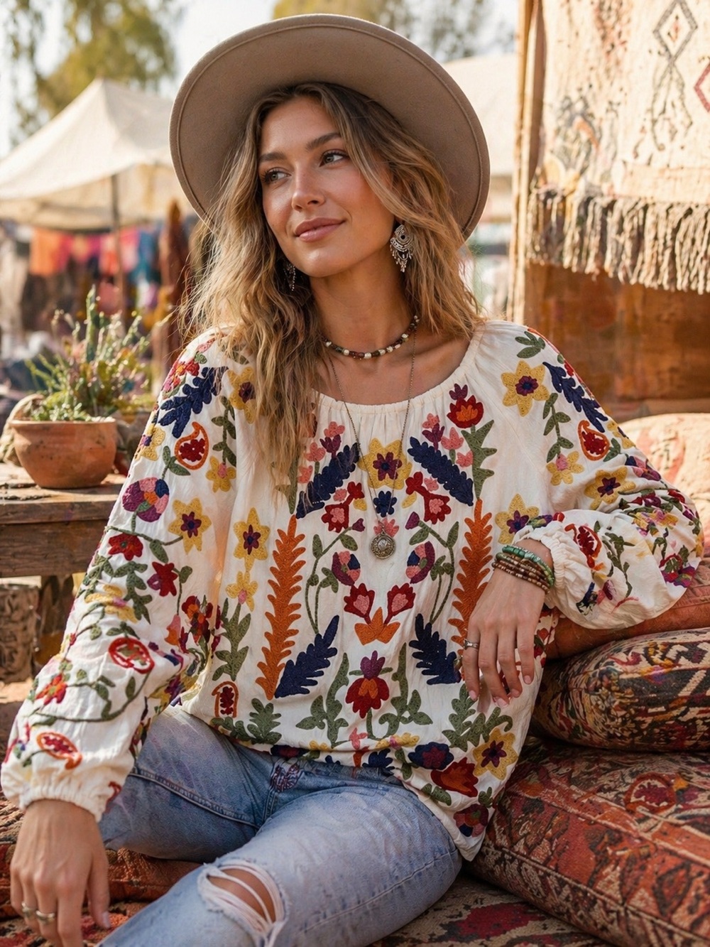 Beautifully Embroidered Floral Peasant Top in Ivory - Soft Surroundings